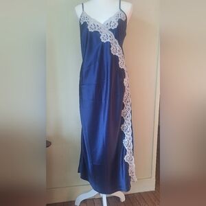 Romantic Full Length Nightgown Size S Deep Blue Silky Lace Spaghetti Straps